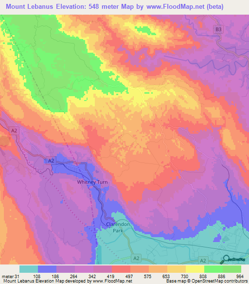 Mount Lebanus,Jamaica Elevation Map