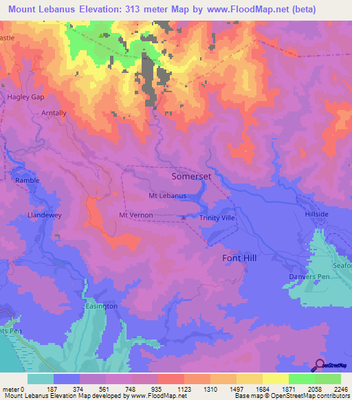 Mount Lebanus,Jamaica Elevation Map