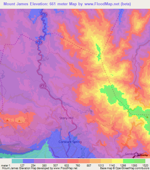 Mount James,Jamaica Elevation Map