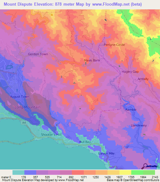 Mount Dispute,Jamaica Elevation Map