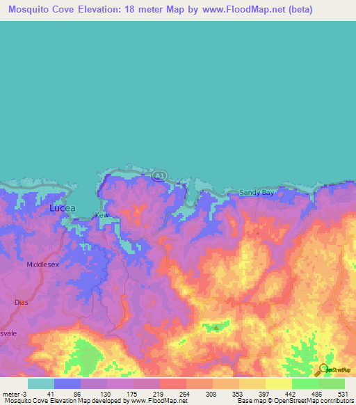 Mosquito Cove,Jamaica Elevation Map