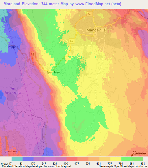 Moreland,Jamaica Elevation Map