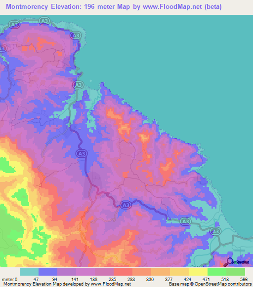 Montmorency,Jamaica Elevation Map