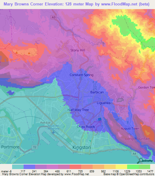 Mary Browns Corner,Jamaica Elevation Map