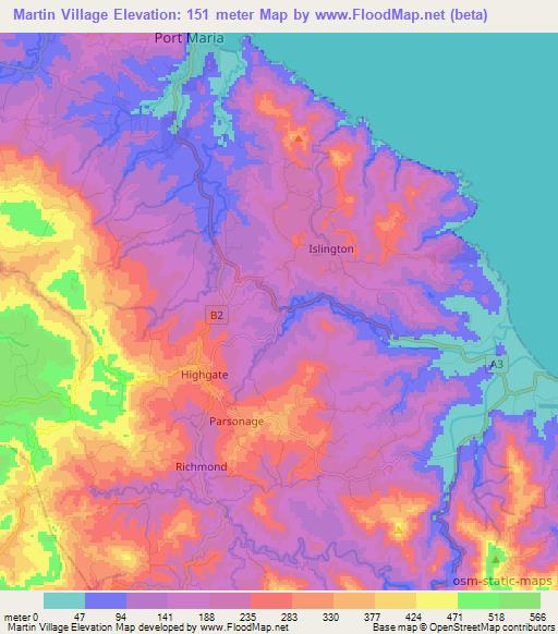 Martin Village,Jamaica Elevation Map