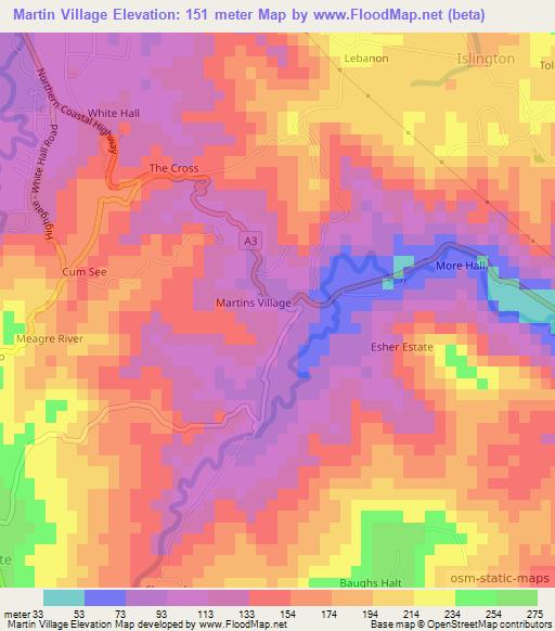 Martin Village,Jamaica Elevation Map