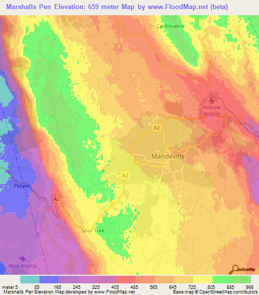 Marshalls Pen,Jamaica Elevation Map