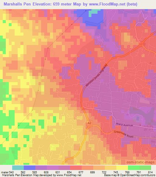Marshalls Pen,Jamaica Elevation Map