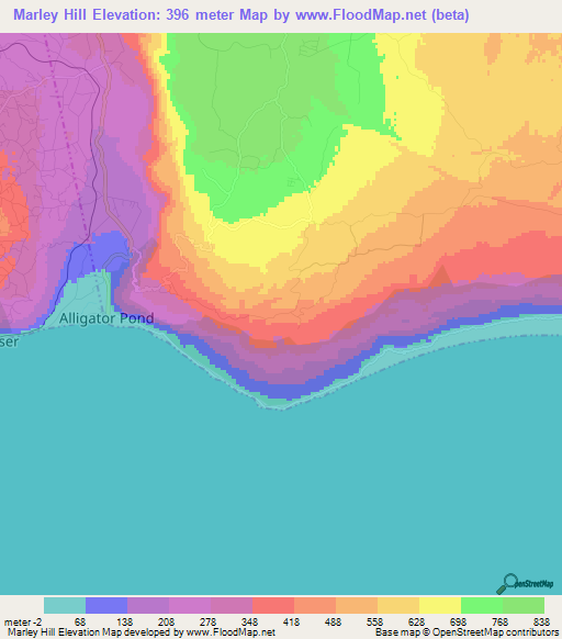 Marley Hill,Jamaica Elevation Map