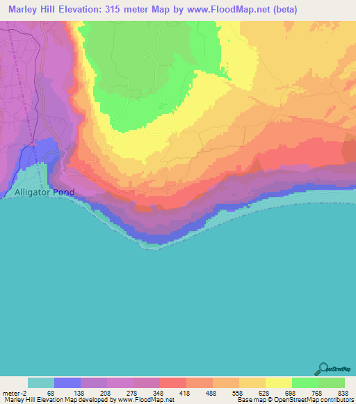 Marley Hill,Jamaica Elevation Map