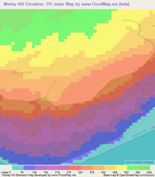 Marley Hill,Jamaica Elevation Map