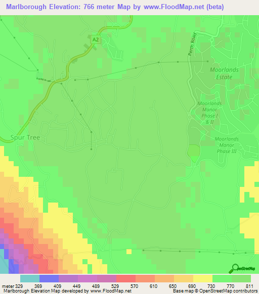 Marlborough,Jamaica Elevation Map