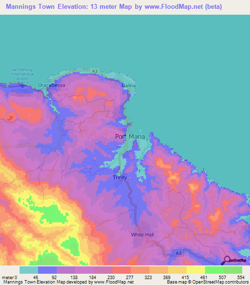 Mannings Town,Jamaica Elevation Map
