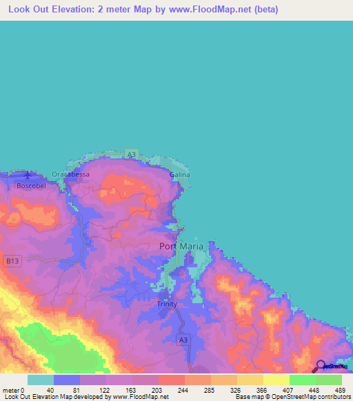 Look Out,Jamaica Elevation Map