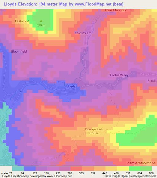 Lloyds,Jamaica Elevation Map