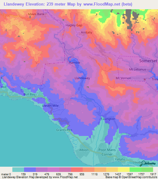 Llandewey,Jamaica Elevation Map