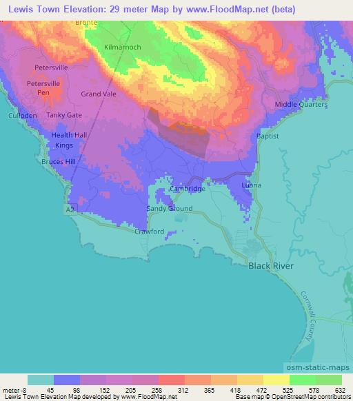 Lewis Town,Jamaica Elevation Map
