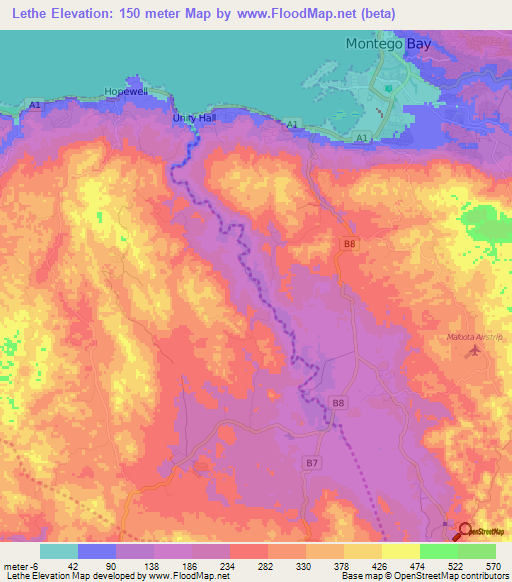 Lethe,Jamaica Elevation Map