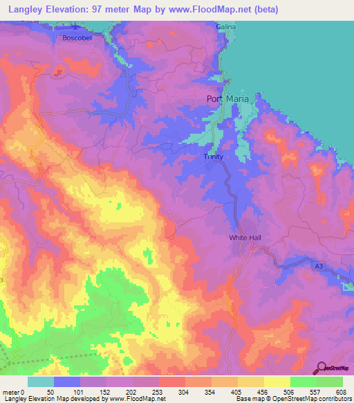 Langley,Jamaica Elevation Map