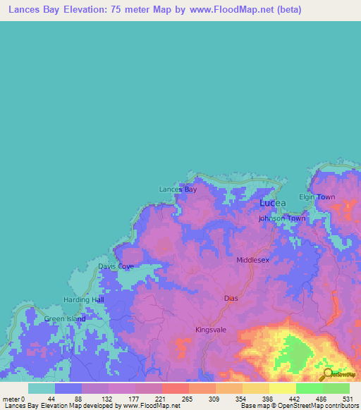 Lances Bay,Jamaica Elevation Map