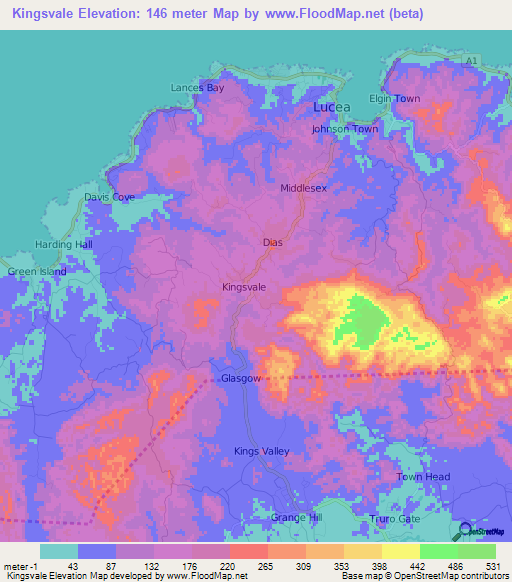 Kingsvale,Jamaica Elevation Map