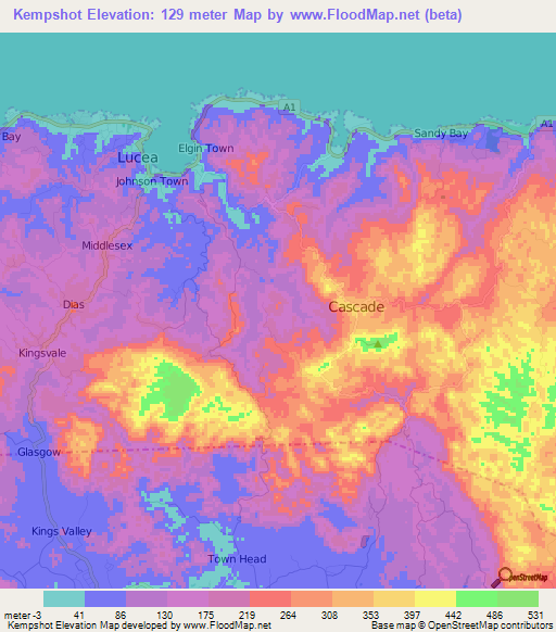 Kempshot,Jamaica Elevation Map