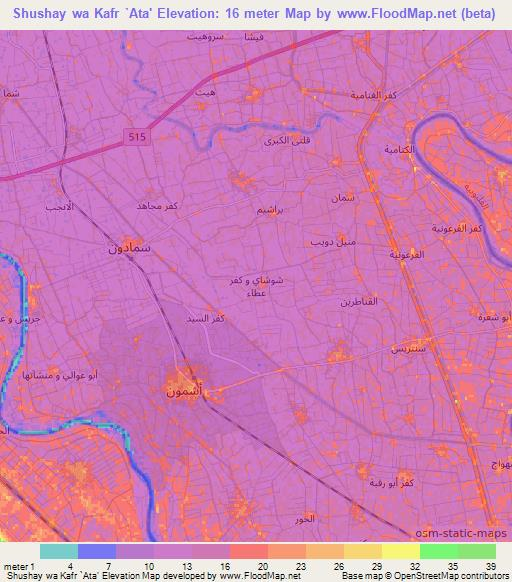 Shushay wa Kafr `Ata',Egypt Elevation Map