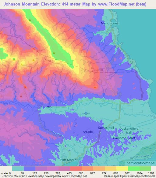 Johnson Mountain,Jamaica Elevation Map