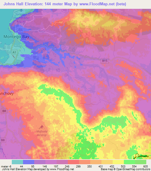 Johns Hall,Jamaica Elevation Map