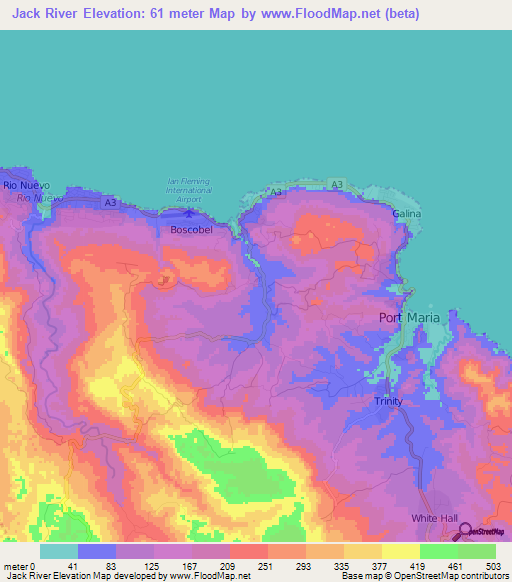 Jack River,Jamaica Elevation Map