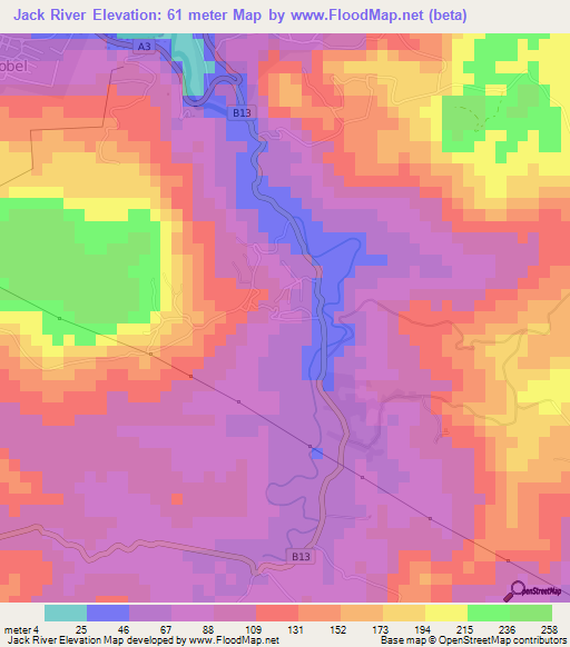 Jack River,Jamaica Elevation Map