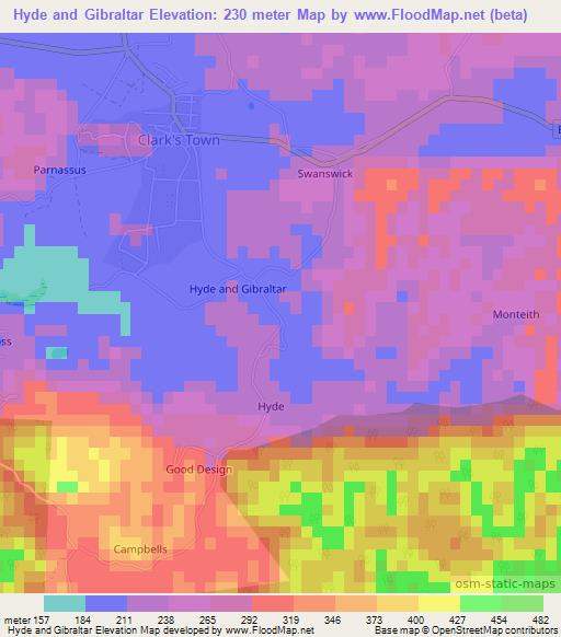Hyde and Gibraltar,Jamaica Elevation Map