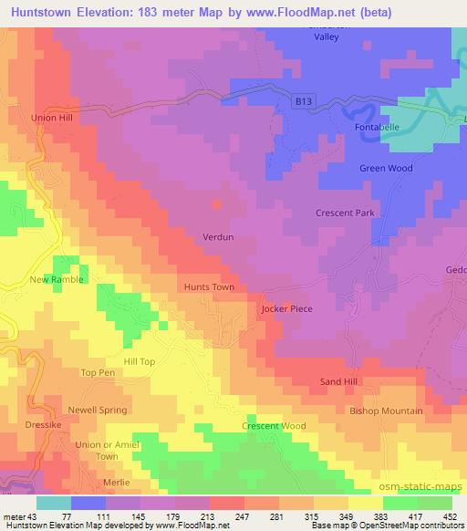 Huntstown,Jamaica Elevation Map