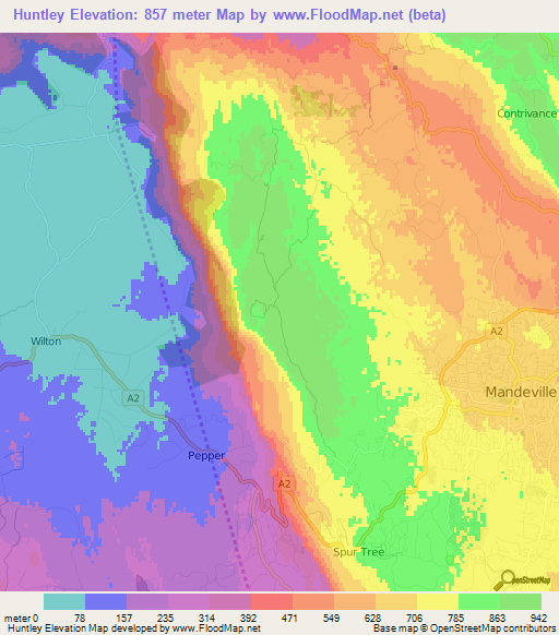 Huntley,Jamaica Elevation Map