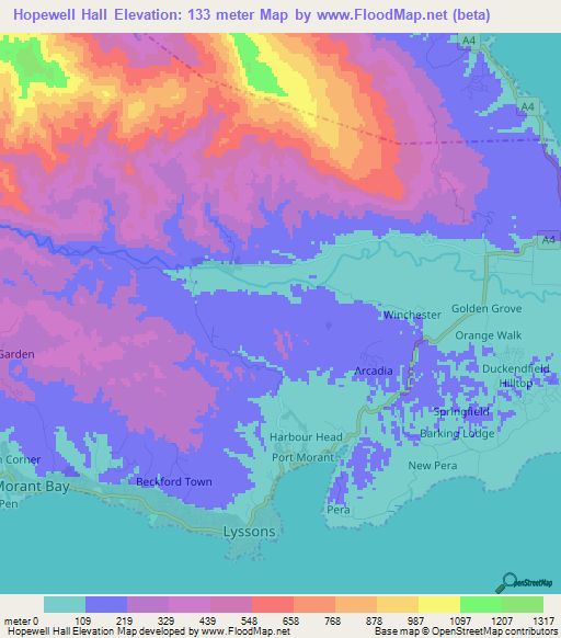 Hopewell Hall,Jamaica Elevation Map