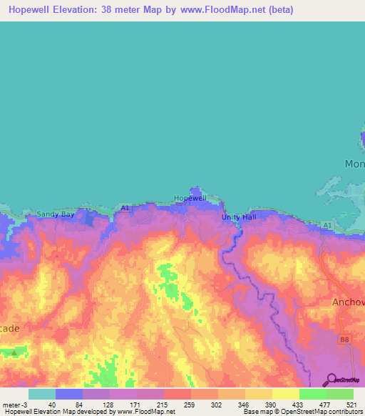 Hopewell,Jamaica Elevation Map