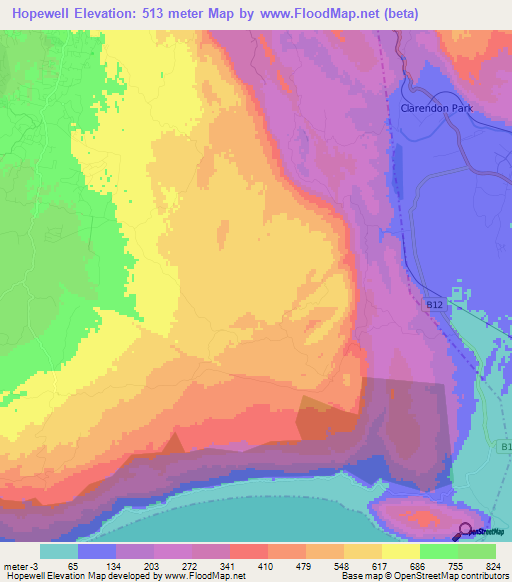 Hopewell,Jamaica Elevation Map