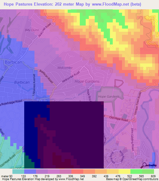 Hope Pastures,Jamaica Elevation Map