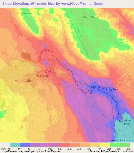 Hope,Jamaica Elevation Map