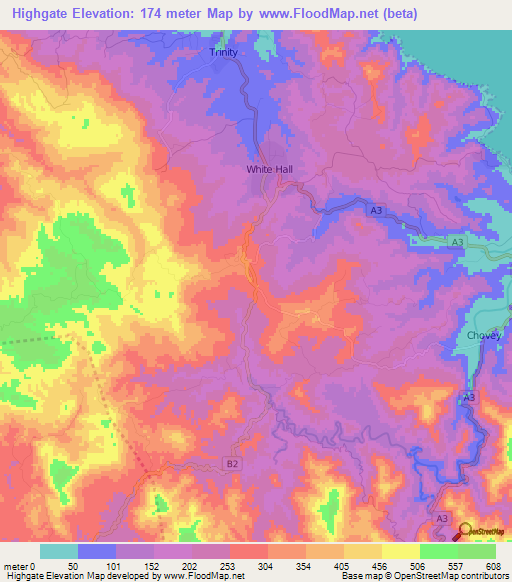 Highgate,Jamaica Elevation Map