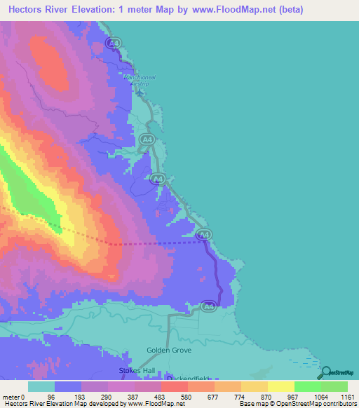Hectors River,Jamaica Elevation Map