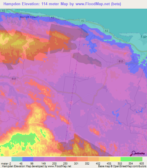 Hampden,Jamaica Elevation Map