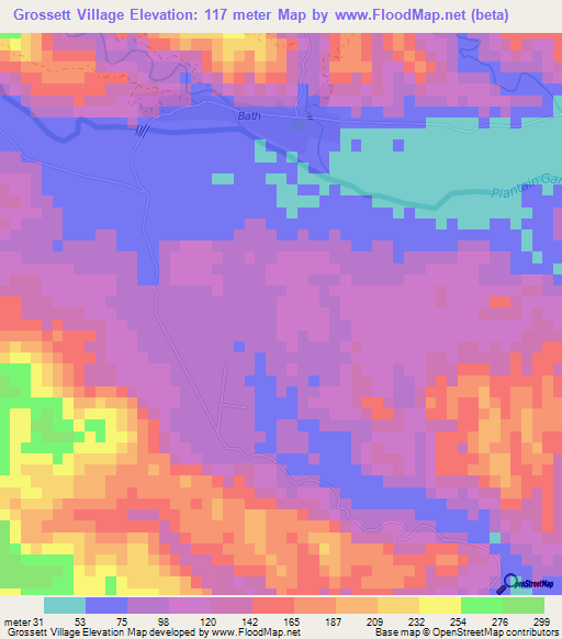 Grossett Village,Jamaica Elevation Map