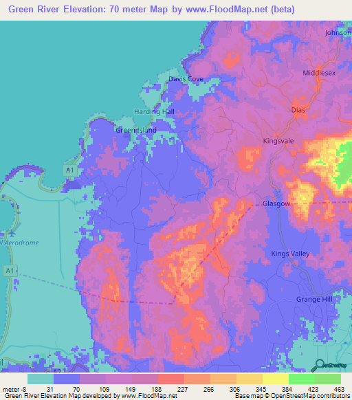 Green River,Jamaica Elevation Map