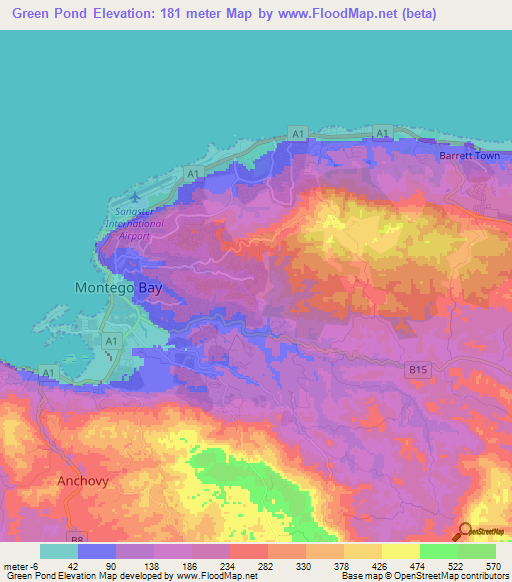 Green Pond,Jamaica Elevation Map