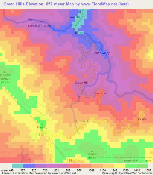 Green Hills,Jamaica Elevation Map