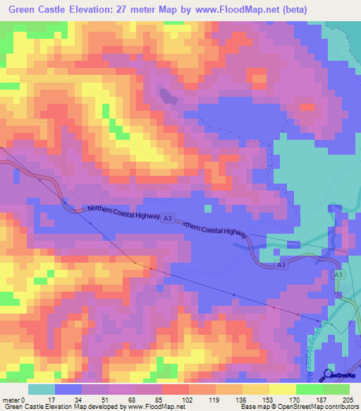 Green Castle,Jamaica Elevation Map