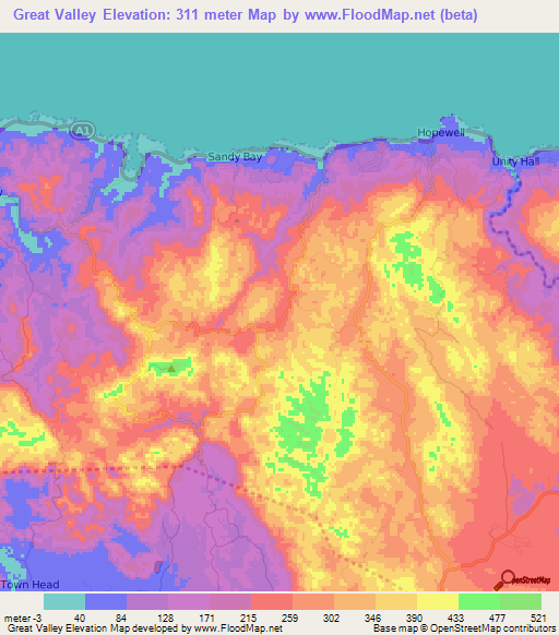 Great Valley,Jamaica Elevation Map