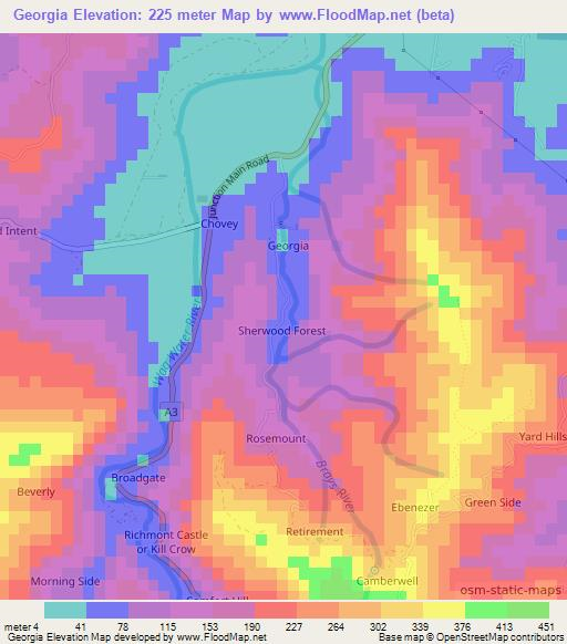 Georgia,Jamaica Elevation Map