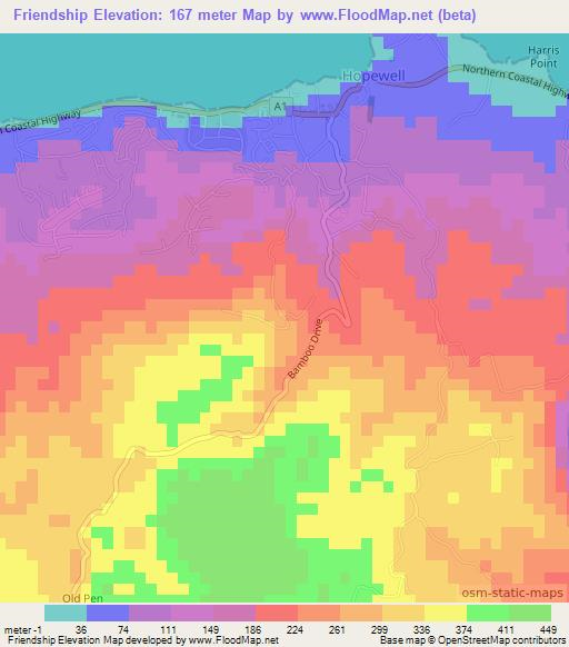 Friendship,Jamaica Elevation Map